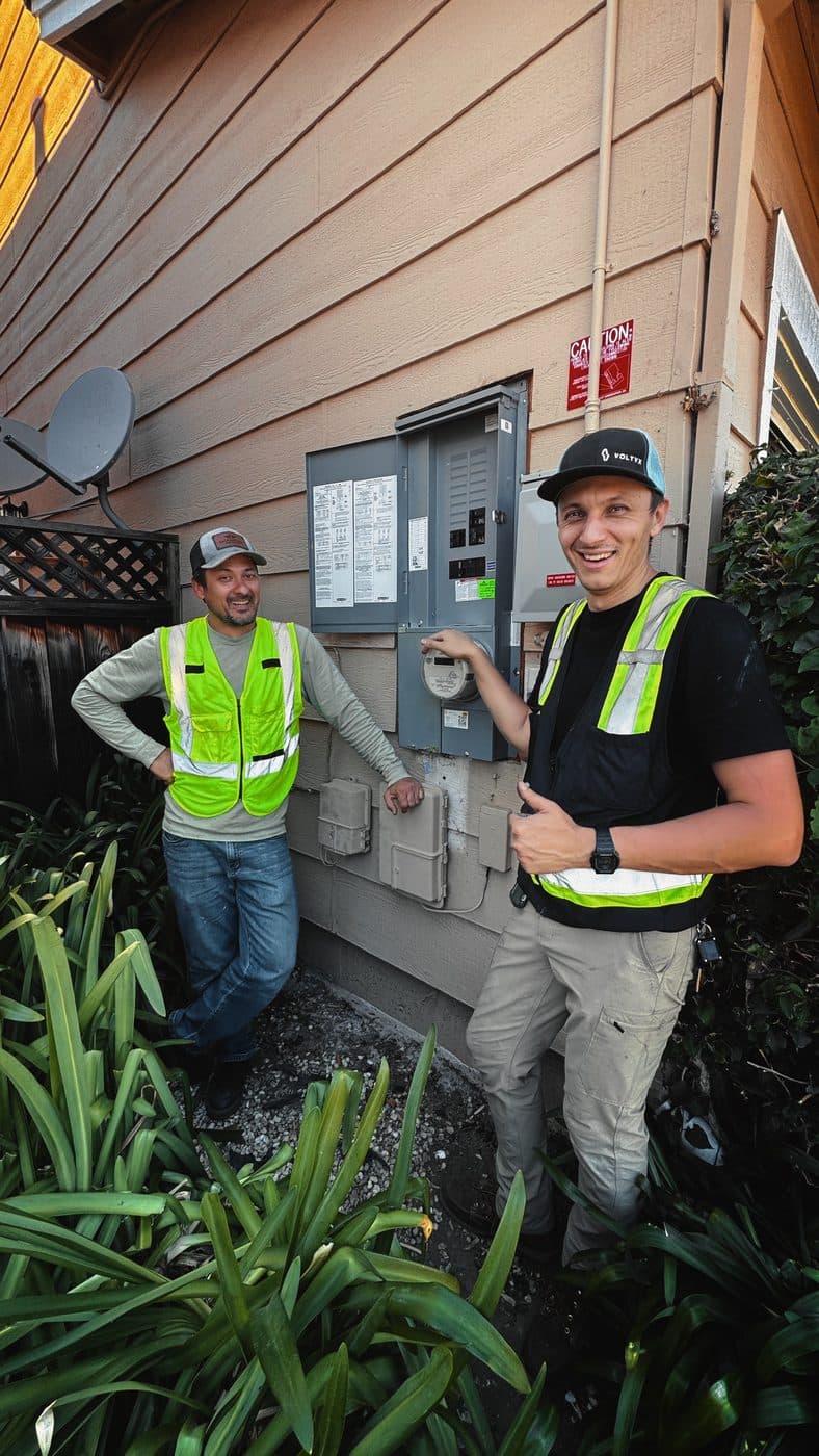 Two Voltyx electricians at a finished 200 A service upgrade